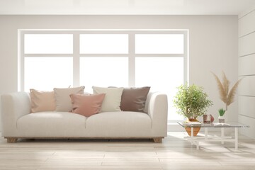 White living room with sofa. Scandinavian interior design. 3D illustration