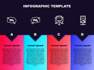 Set line Methane emissions reduction, CO2 in cloud, Car sharing and Hard disk drive network. Business infographic template. Vector