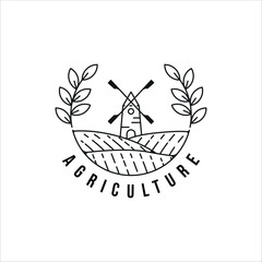 windmill farm logo line art vector illustration template icon graphic design. agriculture landscape typography