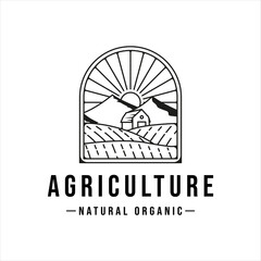 Obraz premium barn farm logo line art vintage vector illustration template icon graphic design. agriculture landscape mountain view with badge