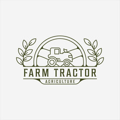 farm tractor logo line art vintage vector illustration template icon graphic design. agriculture landscape view with badge retro