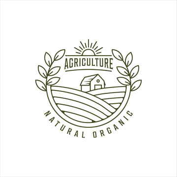 barn farm logo line art vintage vector illustration template icon graphic design. agriculture landscape view with typography