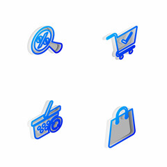 Set Isometric line Shopping cart with check mark, Magnifying glass percent, Refresh shopping basket and Handbag icon. Vector