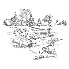 Landscape with a river and a forest. Vector hand drawn illustration.
