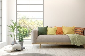 White living room with sofa and summer landscape in window. Scandinavian interior design. 3D illustration