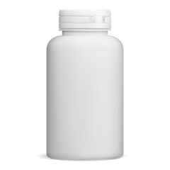 White pill bottle mockup. Supplement package blank, isolated drug container on white background. Pharmacy tablet pillbox concept design. Prescription pill jar, 3d illustration. Cure capsule can