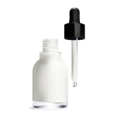 Serum dropper bottle with pipette. Skin moisture cosmetic container, drop cap. Coenzyme q10 liquid droplet vial. Hyaluronic acid pipet flask mockup, skincare treatment therapy, vector