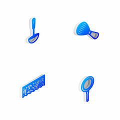 Set Isometric line Kitchen whisk, ladle, Sponge with bubbles and Frying pan icon. Vector