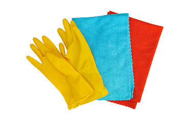 rubber yellow gloves and rags for cleaning on a white background. Isolated object. cleaning equipment. .
