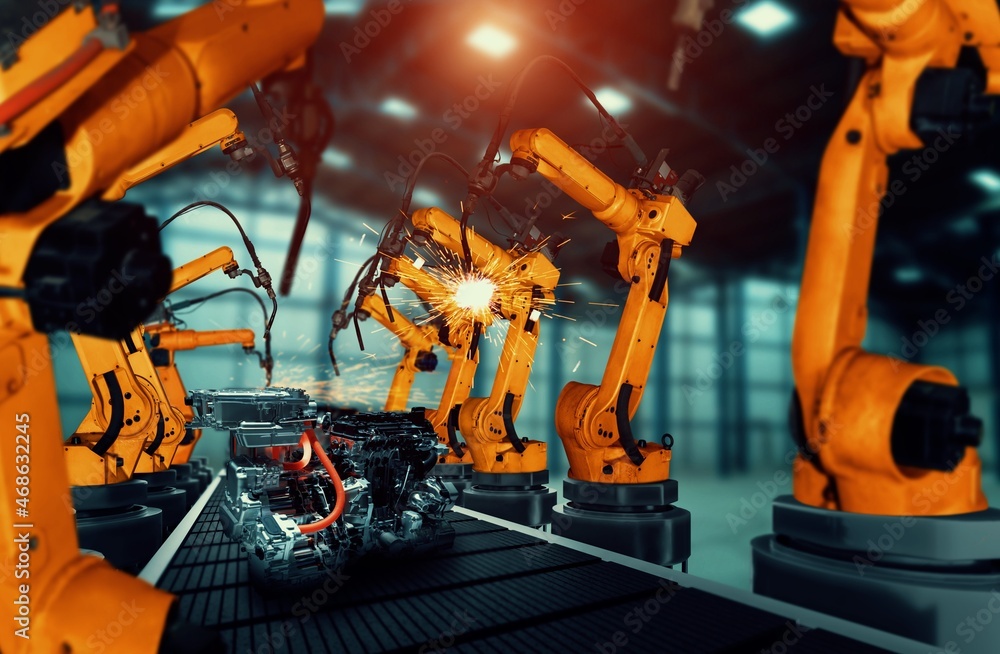 Aufkleber mechanized industry robot arm for assembly in factory production line . concept of artificial intell