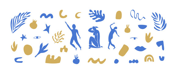 Set of trendy doodle abstract nature icons on isolated white background. Big collection of unusual organic shapes in freehand Matisse inspired art style. Vector illustration.