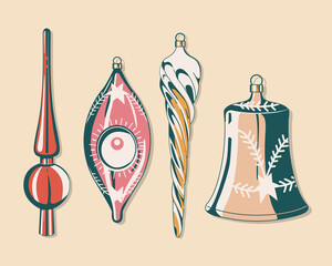 Set of retro style vintage Christmas decorations vector icon. Flat illustrations for New Year and Christmas theme. Xmas tree decoration