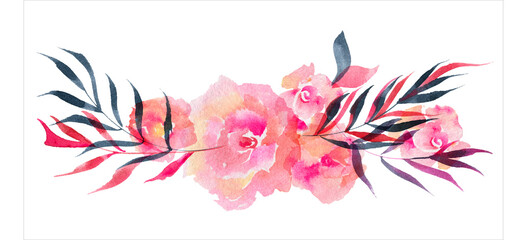Watercolor composition of rose flowers and willow branches