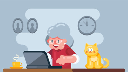 Vector illustration, flat character grandma with laptop