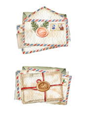 Post card and envelope set. Isolated hand-drawn watercolor postal cards and envelopes with post stamps. Modern collection of love and friendship letter designs. Christmas mail letter