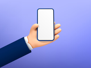 Cartoon hand holding smartphone isolated on blue background. Cartoon style vector illustration