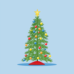 Christmas tree with colorful ball ornaments with a blue background - Vector Illustration