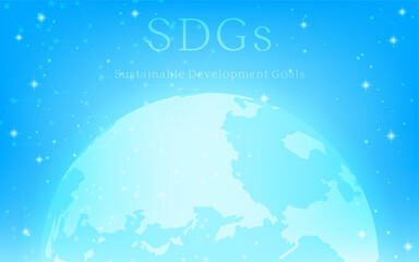 SDGs、光る地球とSDGsの文字、キラキラ星の輝く青背景