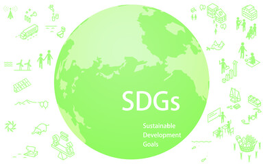 SDGs、緑の地球とSDGsの文字とゴールアイコン