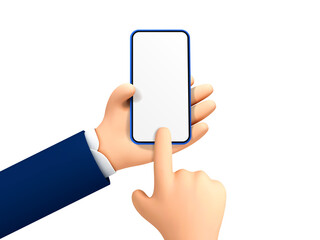 Vector cartoon hand holding and touching phone mockup template. Cartoon hands with smartphone, scrolling or searching for something.