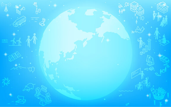SDGs、光る地球とSDGsのとゴールアイコン、キラキラ星の輝く青背景