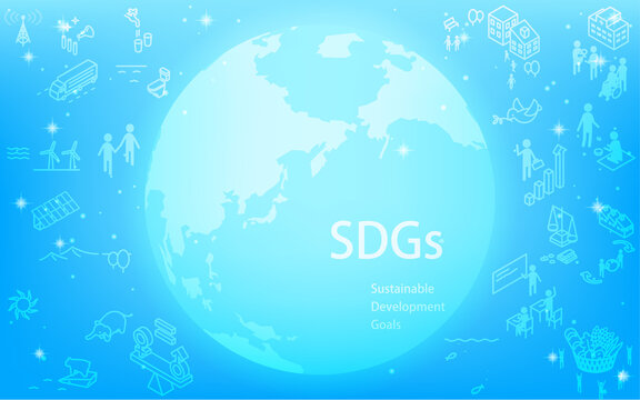 SDGs、光る地球とSDGsの文字とゴールアイコン、キラキラ星の輝く青背景