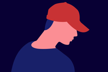 Young man profile portrait illustration. Teenager in casual clothing wearing a baseball hat.