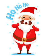 Santa claus shouts ho ho ho on a white background. Merry christmas and happy new year