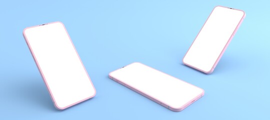 3D rendering of mockups pink Smartphone white screen on blue floor, Pink Mobile phone lay down on the ground. Smartphone white screen can be used for commercial advertising,Isolated on blue background