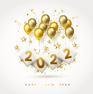 Happy New Year poster. Golden 3D balloons, stars with numbers on white background. Gold ballons, tinsel, confetti and 2022 holiday greeting card design template