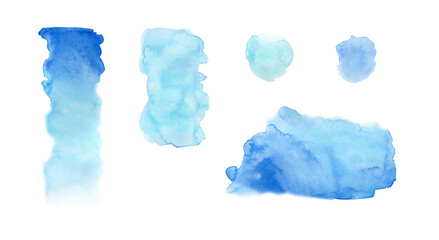 Watercolor blots and splash collection. Blue abstract stain set, sky, spot, turquoise, isolated on white background