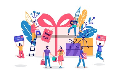Seasonal discount website sale banner with people holding shopping bag. Promotion of online store loyalty program, bonus, reward, discount card, coupon or voucher. Modern flat vector for advertisement - 468635297