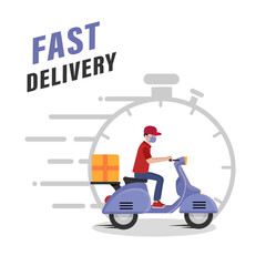 Fast delivery service, online tracking of delivery, delivery to any place. A man on a scooter wearing a mask. Vector illustration