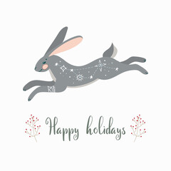 Cute postcard with a hare. Christmas greeting gift cards with winter elements and holiday wishes. Winter vector illustration isolated on white background.