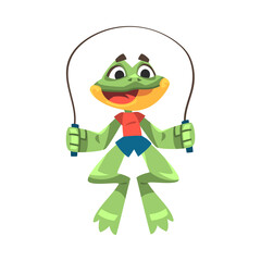 Green Frog in Sportswear Skipping or Jumping Rope Doing Sport Vector Illustration
