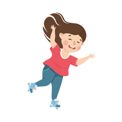 Little Girl on Roller Skates in Skate Park Having Fun and Enjoying Recreational Activity Vector Illustration