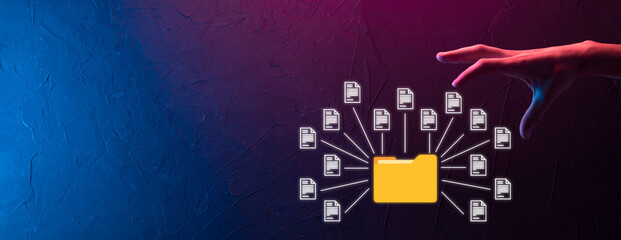 Document Management System DMS .Businessman hold folder and document icon.Software for archiving,...