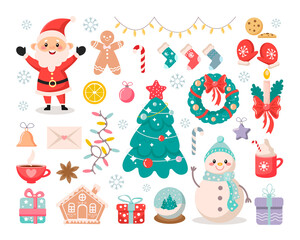 Set of elements for the winter holidays. Happy New Year and Merry Christmas.