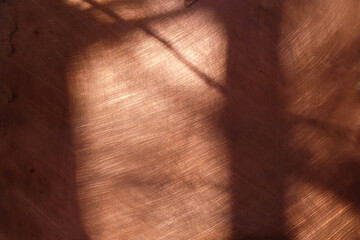 Copper background on a sunny day. Shadows of branches and trunks on a copper surface.
