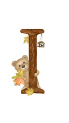 Letter I font. The original autumn alphabet for kids with a wonderful teddy bear, which learns the letters with the baby. Great choice for holiday decorations, cards, presentations or textbook