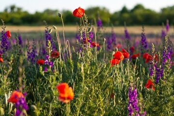 Lavender and poppy flowers growing in a field