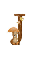 Letter J font. The original autumn alphabet for kids with a wonderful teddy bear, which learns the letters with the baby. Great choice for holiday decorations, cards, presentations or textbook