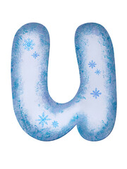 A letter U on a winter theme for children or a holiday decorated with snowflakes of different sizes and shapes and spots, smears and specks of blue and lilac paint isolated on a white background