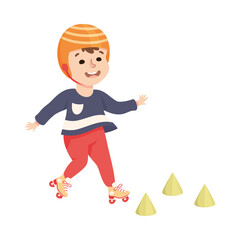 Little Boy on Roller Skates in Skate Park Wearing Protective Helmet Having Fun and Enjoying Recreational Activity Vector Illustration