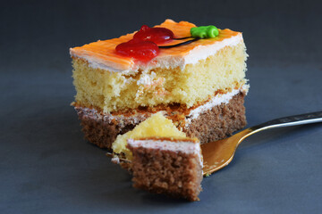 A piece of sponge cake. Sweet and delicious multi-layered dessert.