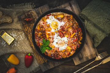 Shakshuka in an iron pan on wooden background. Middle eastern traditional dish. Fried eggs with tomatoes, bell pepper, vegetables and herbs. Top view.