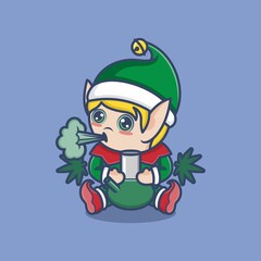 cute cartoon christmas elf smoking weed. vector illustration for mascot logo or sticker