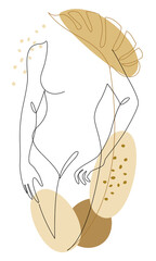 Silhouettes of legs and hands of a girl and leaves of a plant in a modern one-line style. Solid line, aesthetic outline for home decor, posters, stickers, logo. Vector illustration.