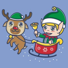 cute cartoon elf riding a christmas reindeer sleigh. vector illustration for mascot logo or sticker