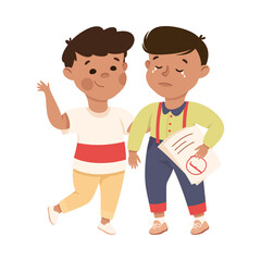 Little Boy Supporting and Comforting Crying Friend Getting Bad Mark Vector Illustration
